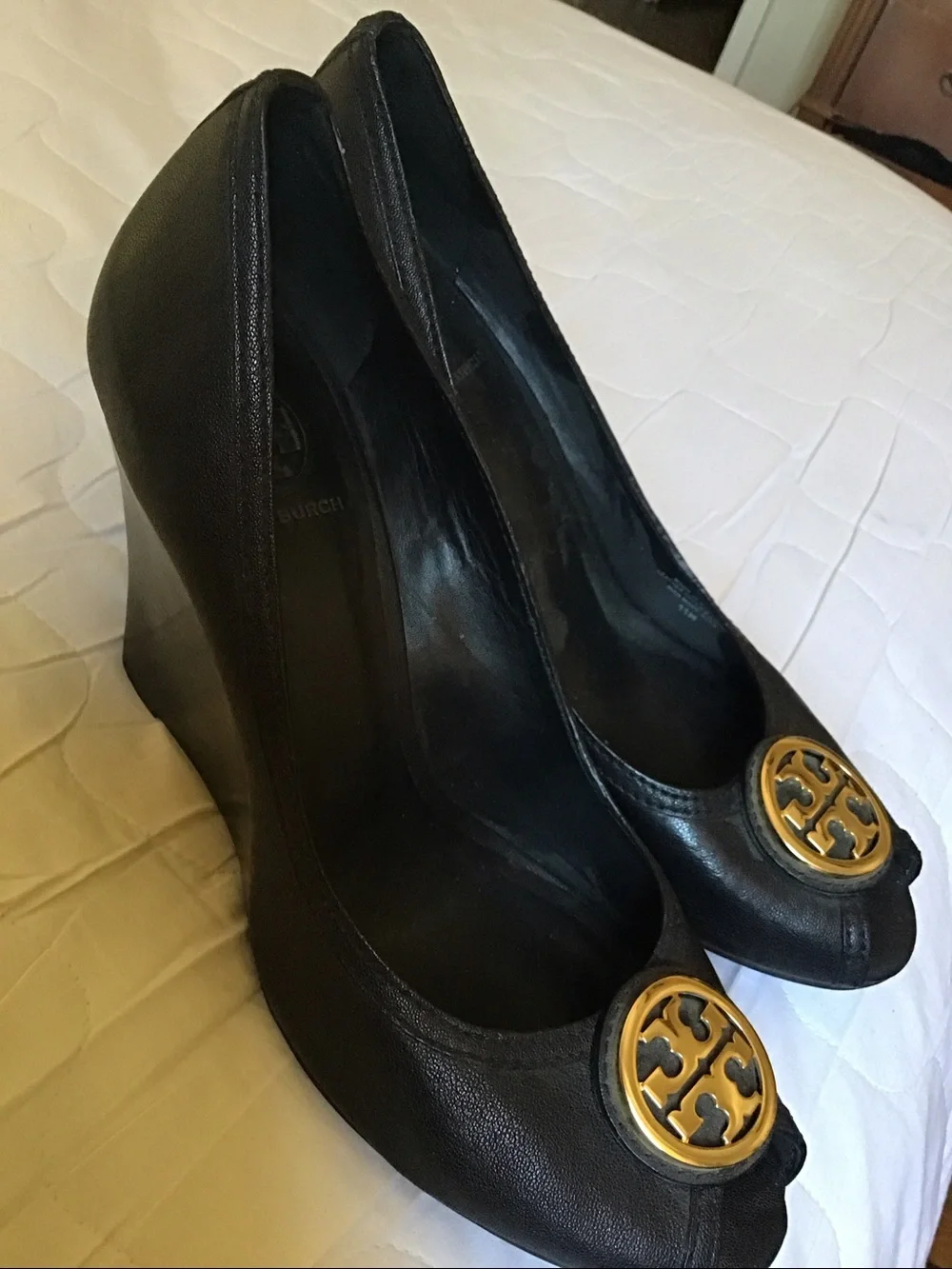 Tory Burch Black Peep-Toe Flats with Gold Logo